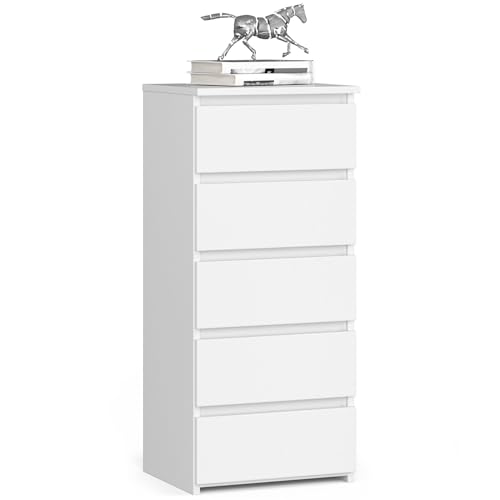 AKORD | Cassettiera a 5 Cassetti | Credenza Alta | Moderna Mobiletto per Soggiorno Sala da Pranzo Camera da Letto Corridoio Bagno | Armadio Cameretta | 35x40x92 cm | Bianco