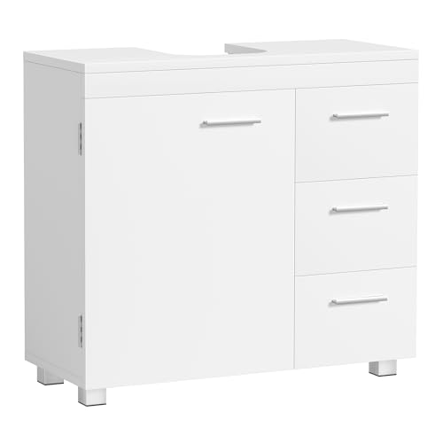 VASAGLE Mobile Sottolavabo per Bagno, Mobiletto da Bagno, 3 Cassetti Laterali, 2 Scomparti dietro l'Anta, per Lavabi con Colonna, con Piedini, 30 x 70 x 64 cm, Bianco Nuvola BBK504W01