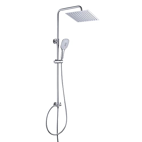 JOHO Colonna Doccia Senza Miscelatore Termostatico in Acciaio Inox 304 Cromato Colonna Doccia idromassaggio Set Doccia a Pioggia con Soffione e Doccetta a Mano (20×20cm Quadrato)