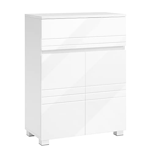 VASAGLE Armadietto da Bagno, Mobile da Bagno con Cassetto e Doppia Anta, Ripiano Regolabile, Mobiletto Multiuso per Corridoio Ingresso, 60 x 30 x 80 cm, Bianco BBK140W01