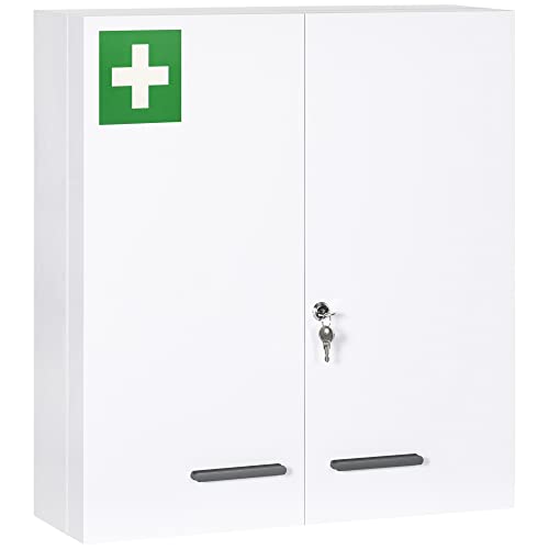 kleankin Armadietto Medicinali a 6 Ripiani con Serratura e 2 Chiavi di Sicurezza, Mobiletto Medicine in Acciaio, 55x18x60 cm, Bianco