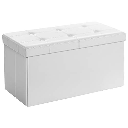 SONGMICS Cassapanca Contenitore 80L, Pouf Contenitore, Panca Poggiapiedi Pieghevole, Capacità di Carico di 300 kg, Rivestimento in Similpelle, Seduta Imbottita, Bianco LSF106