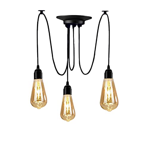 YNXing Edison - Lampadario a sospensione regolabile, colore nero, 1/3/5/6 testa (3 supporti per lampadine)