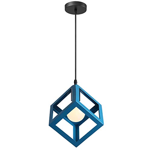 iDEGU Lampadario a sospensione moderno a Forma di Cubo Stile Geometrico E27 Lampada da Soffitto Vintage in Metallo per camera da letto, soggiorno, ristorante - 16cm, Blu