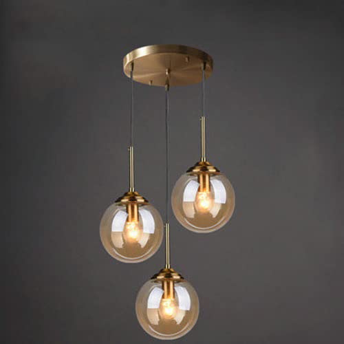 Lampada a sospensione a sfera in vetro trasparente/grigio fumo/ambra Lampadario industriale in ottone vintage a 3 luci Lampada a sospensione a grappolo E27 Plafoniera per soggiorno con isola cucina