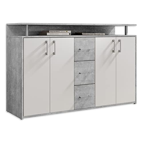 Stella Trading DRIFT, Credenza con ripiano effetto cemento, bianco, elegantea e capiente cassettiera per la zona giorno; 139 x 90 x 34 cm (L x A x P)