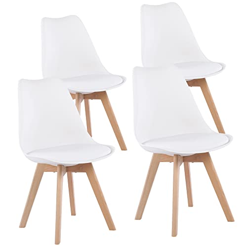 EGGREE Set di 4 Pranzo Ufficio Sedia con Gambe in Faggio Massiccio Sedie Senza Braccia Imbottita di Design per il Massimo Comfort Bianco