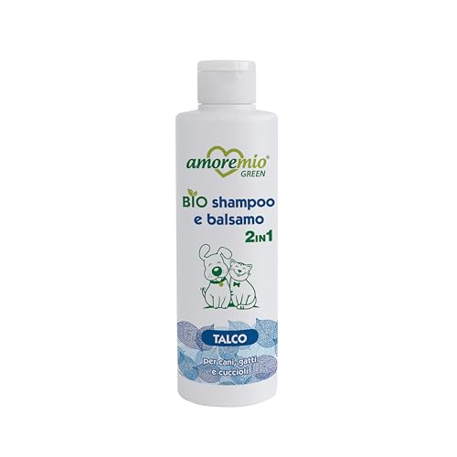 Amore Mio | Bio Shampoo e Balsamo 2in1 per Cani Gatti e Cuccioli, Detergente Pelo, Districante, NO Alcool e Parabeni, Profumazione al Talco - 250 ml