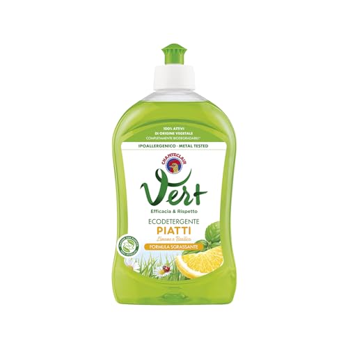 Vert di Chanteclair - Ecodetergente Piatti, Limone e Basilico - Ipoallergenico, Metal tested,100% Attivi di Origine Vegetale, Formula Sgrassante - 12 Flaconi da 500 ml