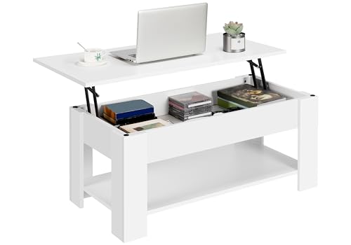 Yaheetech Tavolino da Caffè sollevabile Tavolo Moderno Elevabile da Salotto Divano Caffè con Ripiano Inferiore 98 x 50 x 42-56 cm Bianco