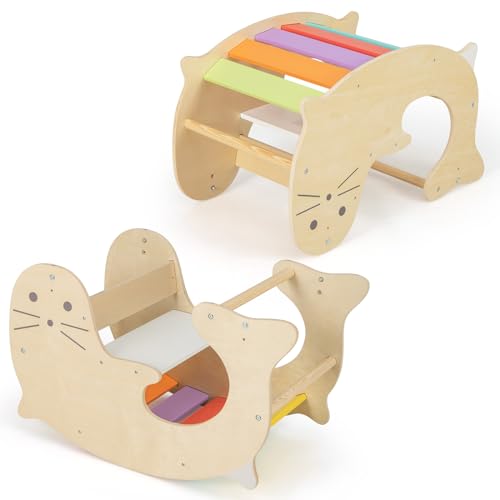 RELAX4LIFE 3 in 1 Arco da Arrampicata per Bambini, Cavallo a Dondolo in Legno, Triangolo Arcobaleno Transformabile in Tavolo, Giocattoli da Palestra Montessori per Bambini 1+ Anni