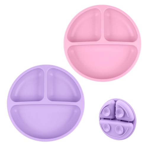 Vicloon Piatto per Bambini, 2 Pezzi Piatto con Ventosa per Bambini in Silicone, Piatti Bambini Pappa Svezzamento Piatto, Piastra di Alimentazione per Neonati con 3 Aree(Viola/Rosa)