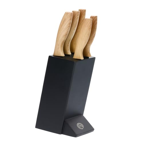 MasterChef Set Coltelli da Cucina con Ceppo Legno, Portacoltelli con Lama Affilato per Pane, Carne, Verdure e altro, Acciaio Inox, Prova di Calore, Manici Morbidi, 5 Pezzi