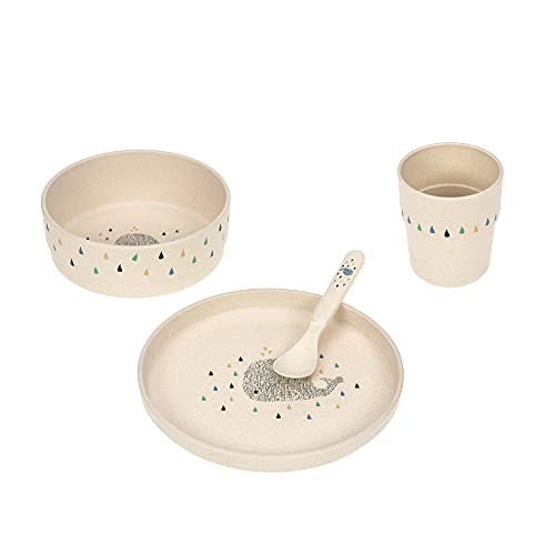 LÄSSIG Set di stoviglie per bambini, piatto ciotola tazza cucchiaio, senza BPA/Dish Set PP/Cellulose Little Water Whale