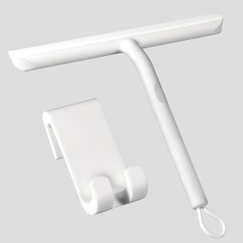 Vinabo Tergivetro per Doccia,Lavavetri Doccia Senza Perforazione,Tira Acqua da Doccia con Gancio,Pulisci Vetro Doccia Anima Acciaio Inox per Finestre,Specchi,Bagno Pulire Superfici Lisce-21cm,Bianco