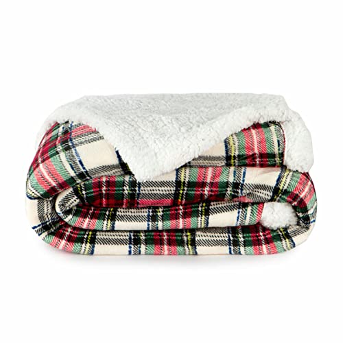 Coperta Plaid Tartan in Pile Coral e Sherpa - Dimensioni Varie W462 Singolo Panna