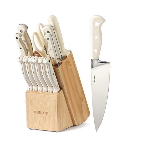 CAROTE Set Coltelli da Cucina con Ceppo,14 Pezzi da Chef, per pane, Coltello Santoku, universali,Coltelli per sbucciare e da bistecca, Forbici