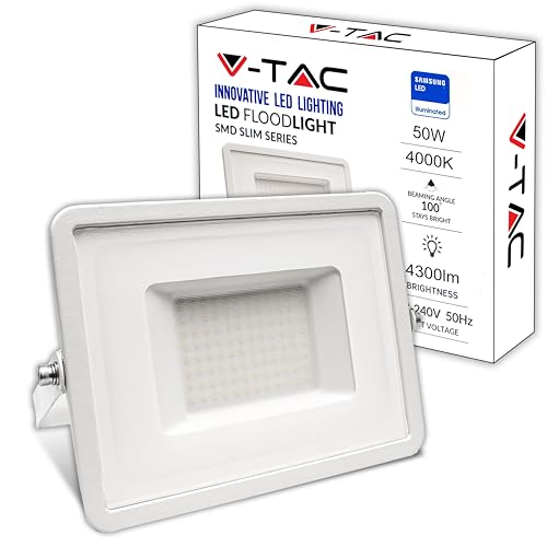 V-TAC Faro LED da Esterno Bianco 50W - [Chip Samsung - Alte Perfomance, Bassi Consumi] - 4300 Lumen - IP65 - Proiettore Faretto LED Nero per Casa, Giardino, Garage - Impermeabile - Luce Naturale