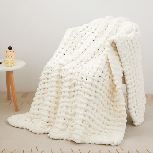 Viviland Coperta a maglia grossa, lussuosa coperta 100% lavorata a mano, morbida e accogliente, per divano letto e sedia, 127 x 152 cm, colore bianco