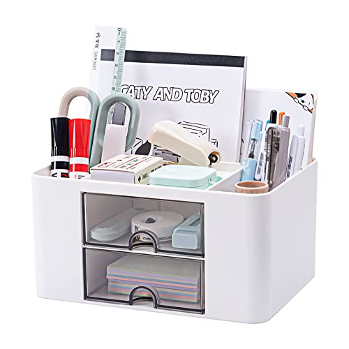 Organizzatore scrivania versatile con 5 scomparti, 2 cassetti e opzioni di conservazione multifunzionali - ideale per forniture da ufficio, articoli di cancelleria e accessori da scrivania.