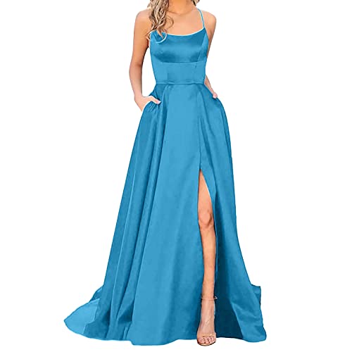 Generic Vestito da Cerimonia Donna Elegante Curvy Maxi Vestitino Cocktail Ballo Abiti Party Festa Abito da Sera da Donna con Spacco Laterale E Cinturino in Raso Incrociato Senza Schienale con Tasche