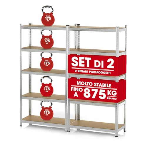 EASYmaxx Set di 2 scaffali per carichi pesanti, 180x90x40cm | 1750kg di portata, 175kg per livello | Scaffali per magazzini, cantine, banchi da lavoro | 10 Ripiani regolabili