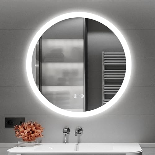 MOSSCO Specchio da bagno con illuminazione, 70 x 70 cm, specchio da parete con illuminazione, specchio a LED rotondo 70 cm, 3 colori di luce, dimmerabili, senza appannamento, con interruttore touch