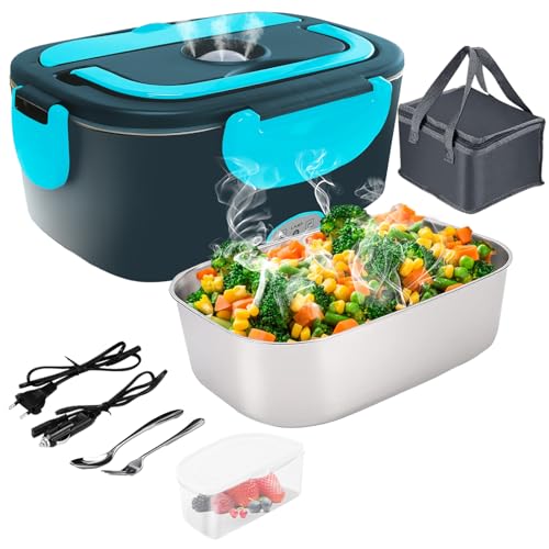 Gentre Lunch Box Scaldavivande Elettrico Portatile 4 in 1 per Auto Camion e Ufficio 12V/24V/110V/220V 1.5L 60W Porta Pranzo in Acciaio Inox, Scomparti, Forchetta Cucchiaio e Borsa Per il Trasporto