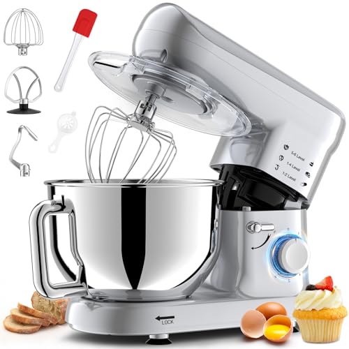 Impastatrice Planetaria offerta Professionale 1500W Robot da Cucina Multifunzione 5,5L 6+P Velocità Basso Rumore Mixer Elettrico con Gancio per Impastare, Frusta Piatta, Frusta Argento