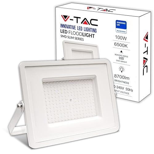 V-TAC Faro LED da Esterno Bianco 100W - [Chip Samsung - Alte Perfomance, Bassi Consumi] - 8700 Lumen - IP65 - Proiettore Faretto LED Nero per Casa, Giardino, Garage - Impermeabile - Fari Luce Fredda