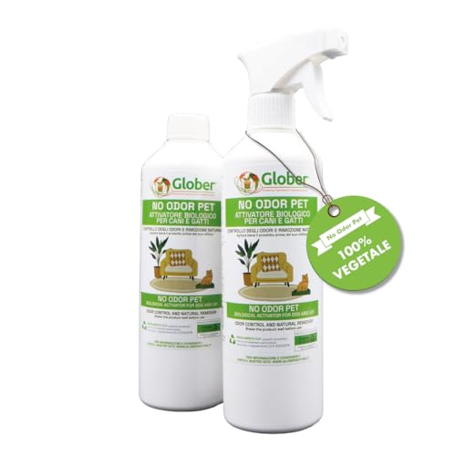 GLOBER No ODOR Pet - Elimina Odori e Macchie di Cani e Gatti - Made in Italy Spray 2x500ml 100% Vegetale - Rimuove Urina da Tessuti e Superfici - Attivatore Biologico Igenizzante Animali Domestici