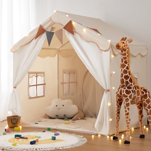 2 in 1 Tenda per Bambini besrey, Tenda Casetta da Gioco con 2 Porte e 4 Finestre, Tenda da Gioco per Bambini Interni ed Esterni con Tappetino Imbottito, Luci Fatate e bandierine