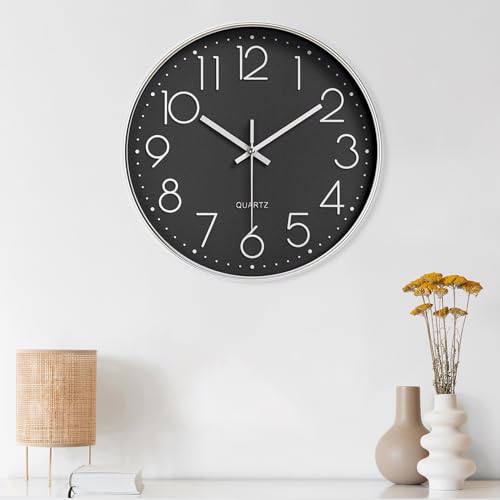 Diompirux 20 cm (8 pollici) Orologio da parete silenzioso, Movimento al quarzo, Orologio Moderno Nero, Orologio da Parete Circolare Facile Lettura, per camera da letto, soggiorno, cucina, ufficio…