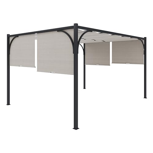 Gazebo Pergola 3x4 M Pergolato Con Tetto Scorrevole Telo Colore Beige Impermeabile Retrattile Richiudibile Struttura Nera In Acciaio Giardino Terrazzo Piscina Esterno Campeggio Design Elegante Moderno