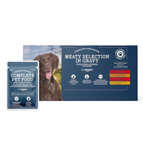 by Amazon Alimento completo per cani adulti, Selezione di carne in salsa, 4.8 kg, 48 confezioni da 100g