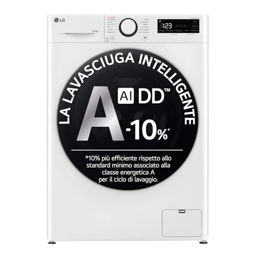 LG AI DD D4R5010TSWS Lavasciuga 10 / 6kg Serie R5 Classe A-10%/D, Lavatrice e Asciugatrice Insieme, 1400 giri, TurboWash360, Steam, Eco Hybrid, Allergy Care, Motore Inverter Direct Drive, Bianca