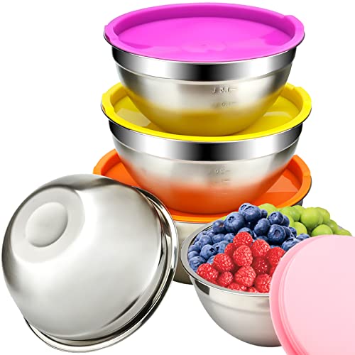 SaiXuan set 5 pezzi insalatiera in acciaio inox Ciotola con coperchio, impilabile, contenitore per il mixing Bowl