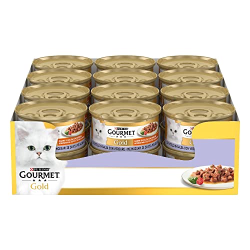 Purina Gourmet Gold Dadini in Salsa Cibo Umido per Gatto con Vitello in Salsa con Verdure, 24 Lattine da 85g