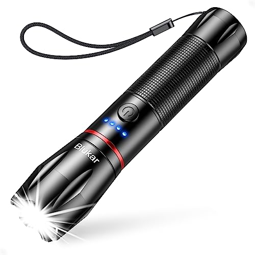 Blukar Torcia LED Ricaricabile, Super Luminoso Zoomabile Torcia Elettrica con 5 Modalità di Illuminazione, Alta Potenza, Impermeabile Flashlight per Campeggio/Escursionismo/Emergenza