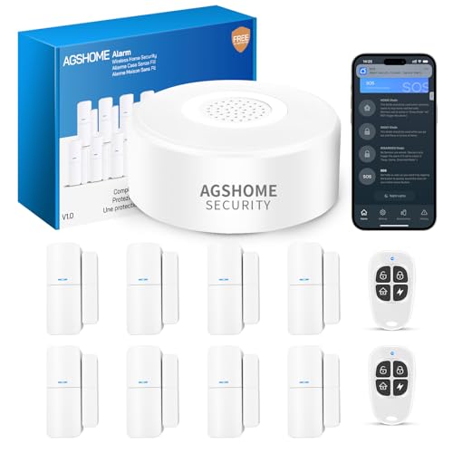 AGSHOME allarme casa senza fili Wireless, 120dB allarme casa 11kit, 1 antifurto casa con Sirena, 8 Sensori Porta e Finestra, 2 Telecomandi, Compatibile con Alexa e Google Assistant