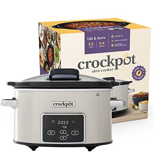 Crock-pot Pentola per Cottura Lenta, Slow Cooker, 3.5 litri, fino a 4 Persone, Coperchio a Cerniera, Timer digitale Countdown, 2 Impostazioni Cottura e Funzione Warm automatica, 200W, Ceramica, Beige