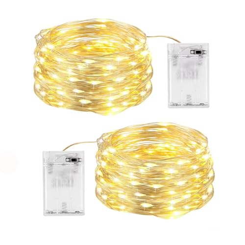 SHUBEIEUMI 2 Pezzi Stringa Luci LED a Batteria, 100 LED 10M Lampada a Fili di Rame Bianco Caldo, per Interni e Esterni, Feste, Giardino, Natale Decorative, Matrimoni (Bianco Caldo)