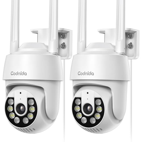 Codnida 2K Telecamera Wi-Fi Esterno/Interno Kit da 2, 360°PTZ Videocamera con 24/7 Recording, Tracciamento Automatico, PIR Rilevamento Umano, Allarme Sonoro e Luminoso, Supporto Scheda SD 128G