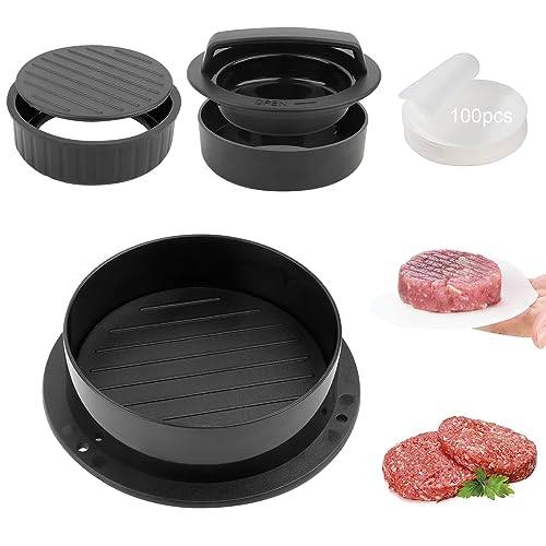 VFANDV Pressa Hamburger, 3 in 1 Pressa Hamburger Professionale 100 Pezzi di Carta Macchina per Hamburger con Manico ABS Plastica Antiaderente Stampo per Hamburger Fare Barbecue Polpette