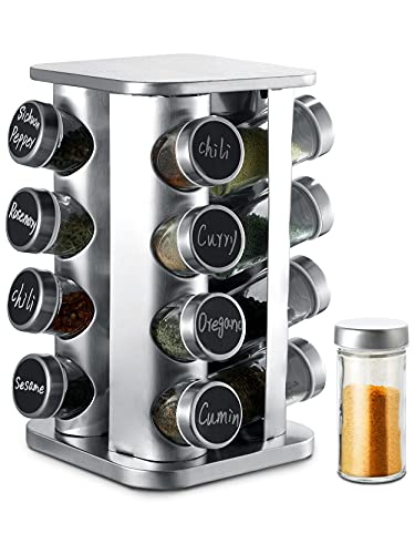 Praknu Porta Spezie Rotante a 360° in Acciaio Inox e Vetro, Argento - Con 16 Contenitori Ermetici per Spezie - Organizer Perfetto per Mantenere la Cucina in Ordine - Inclusi Etichette e Pennarello