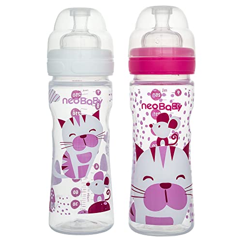 Neobaby Biberon in Polipropilene Collo Largo con Tettarella in Silicone 250 ml, Rosa, Flusso Regolabile, 2 Mesi +, 1 Pezzo