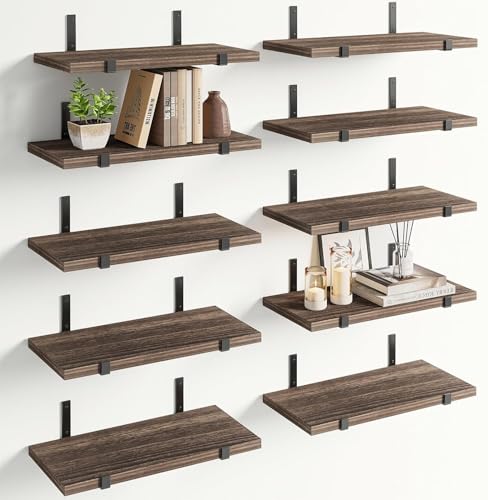 BAKAJI Set 10 Mensole galleggianti da Parete in Legno, Scaffali a Muro Multiuso con Staffe in Metallo, ideali per Camera da Letto, Soggiorno, Cucina, Bagno, Libreria, Salvaspazio, 40 x 15 cm (Rovere)