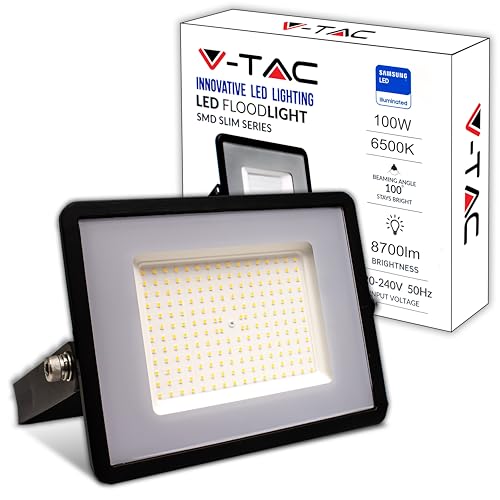 V-TAC Faro LED da Esterno 100W - [Chip Samsung - Alte Perfomance, Bassi Consumi] - 8700 Lumen - IP65 - Proiettore Faretto LED Nero per Casa, Giardino, Garage - Impermeabile - Fari Luce Bianca Fredda