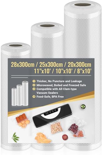 Sacchetti Sottovuoto Alimenti, 3 Rotoli Sacchetti per Sottovuoto Alimenti 20/25/28x300cm, Sacchetti Sottovuoto per Macchina Sottovuoto e Sous Vide Cucina, Buste Sottovuoto Alimenti Senza BPA