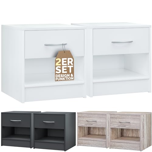 CASARIA® Comodino Set da 2 Bianco con Cassetto 41x 39x 28cm in Legno con Ripiano Tavolino da Notte Camera da Letto